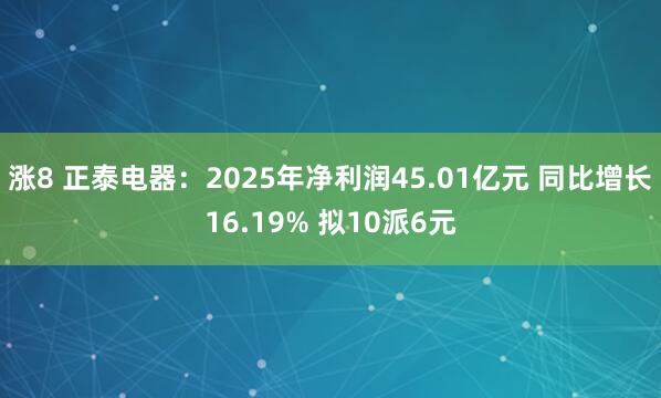 涨8 正泰电器:2025年净利润45.01亿元 同比增长16.19% 拟10派6元